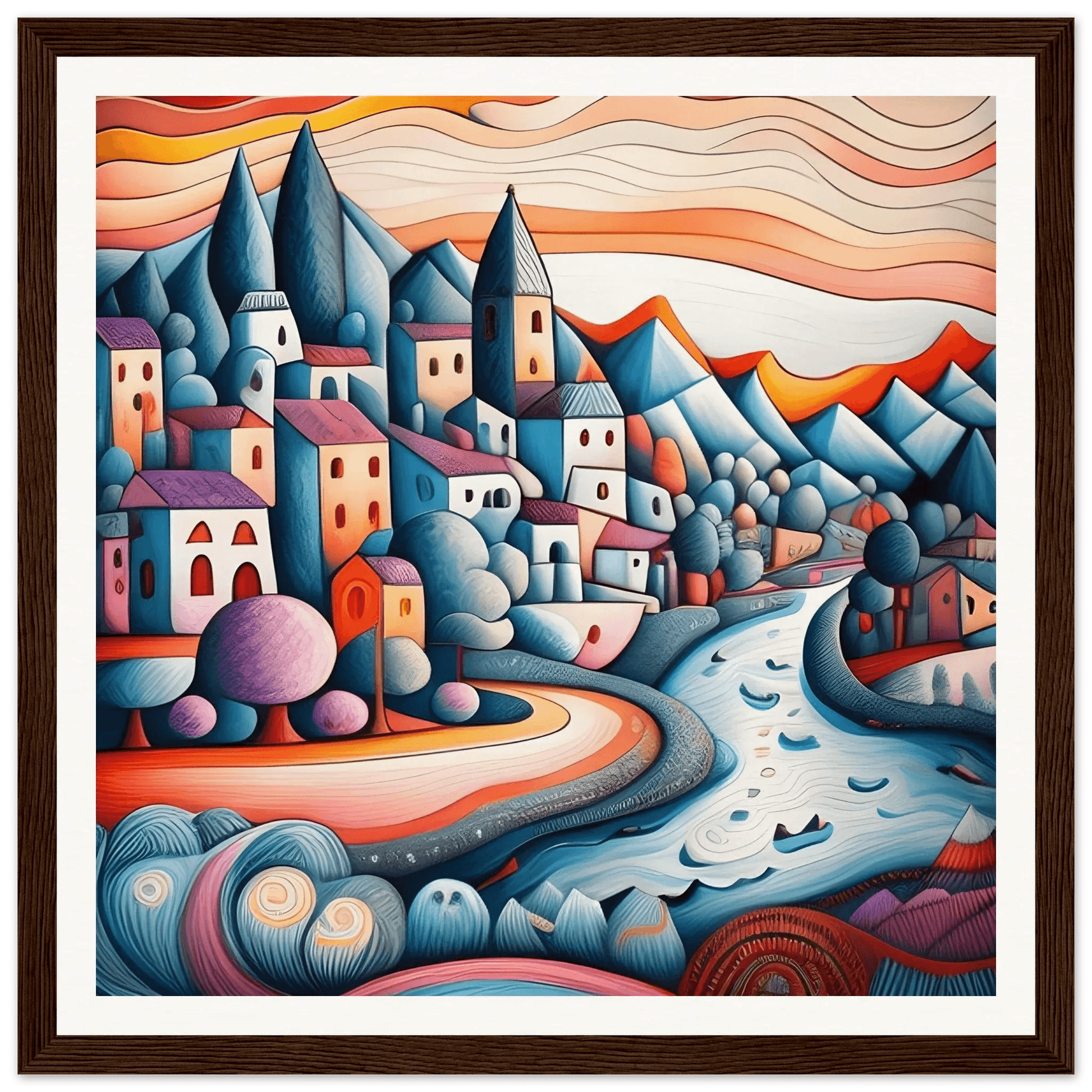 Wood-framed wall art print of colorful village houses along a winding blue river
