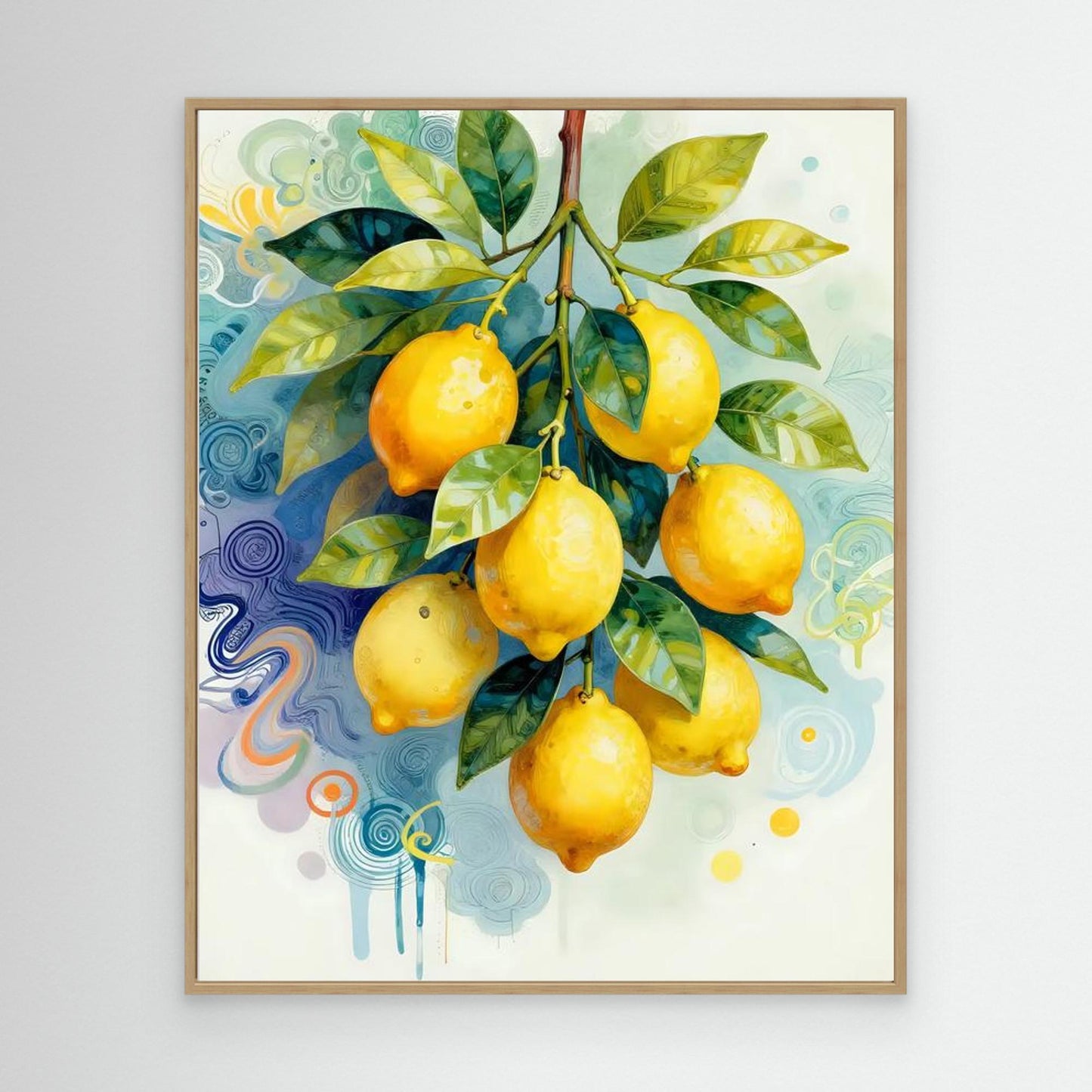 Lemon branch wall art with yellow lemons and green leaves in a light wood frame