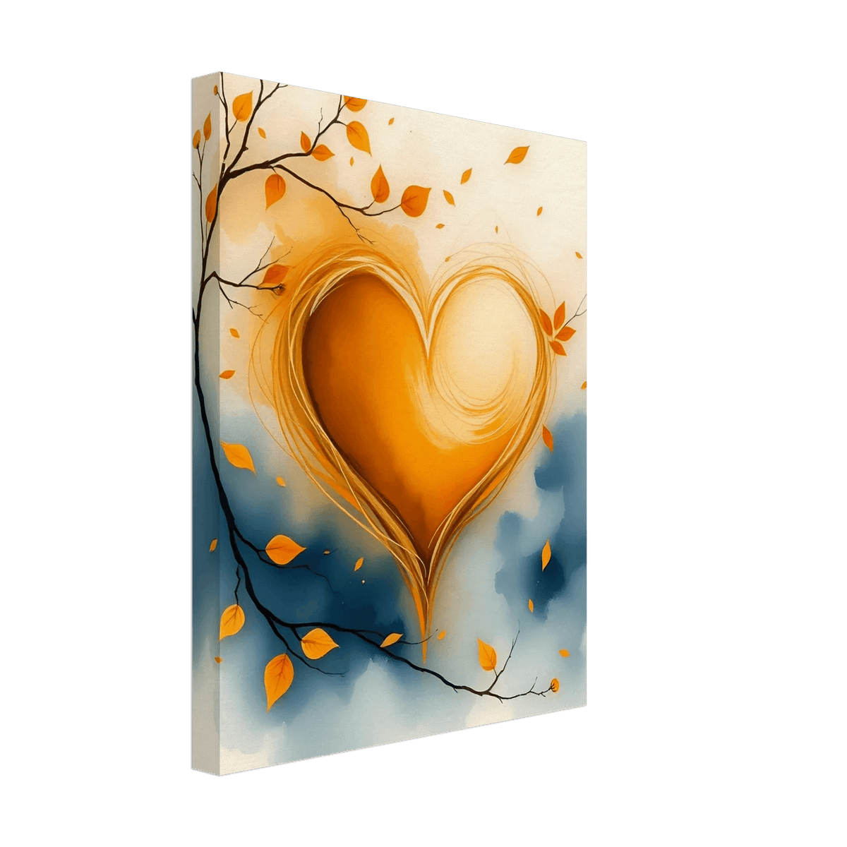 Canvas gallery wrap watercolor art with an orange-to-cream heart, branches, and scattered orange leaves.