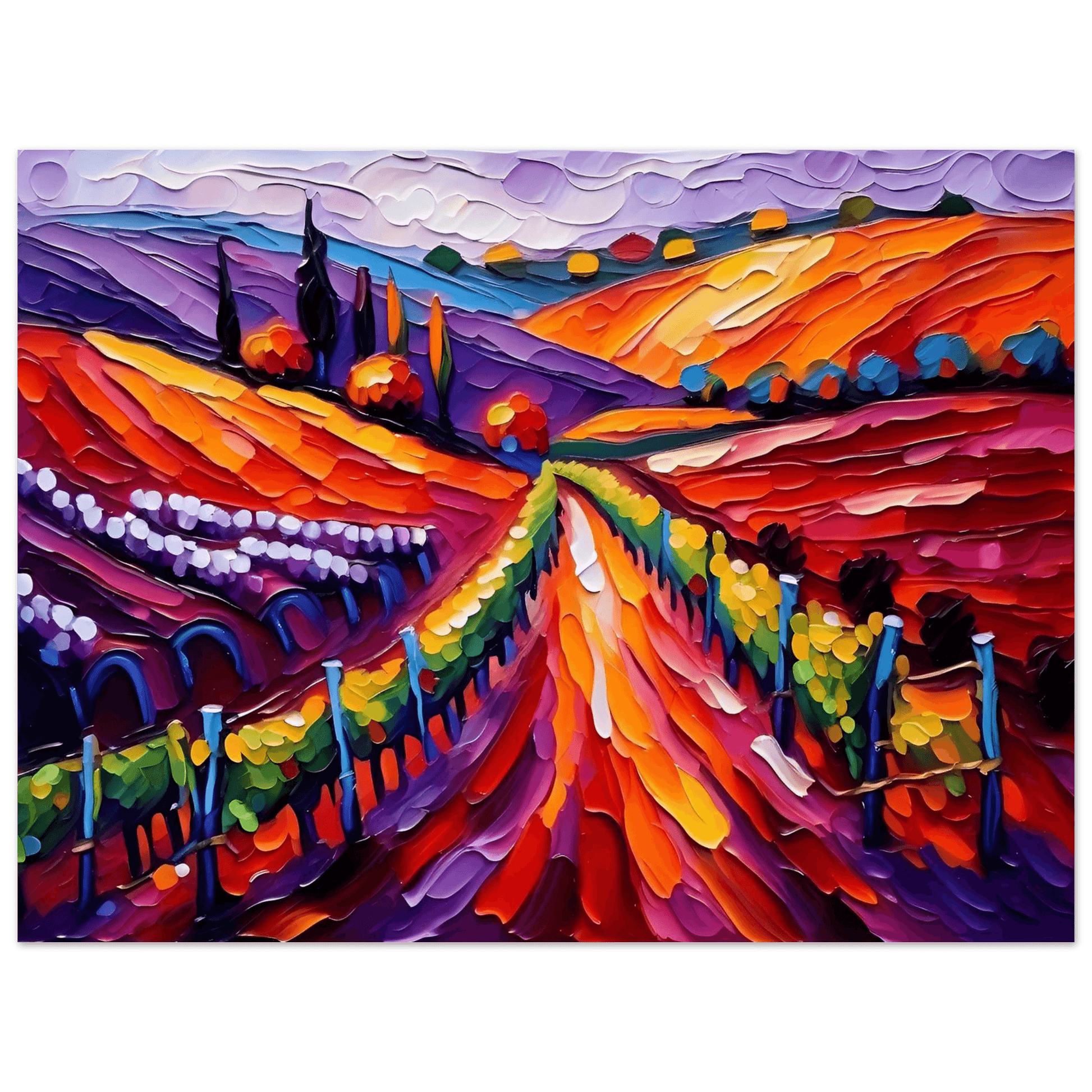 Vibrant vineyard landscape wall art with textured orange, purple, and green hills; no frame visible.
