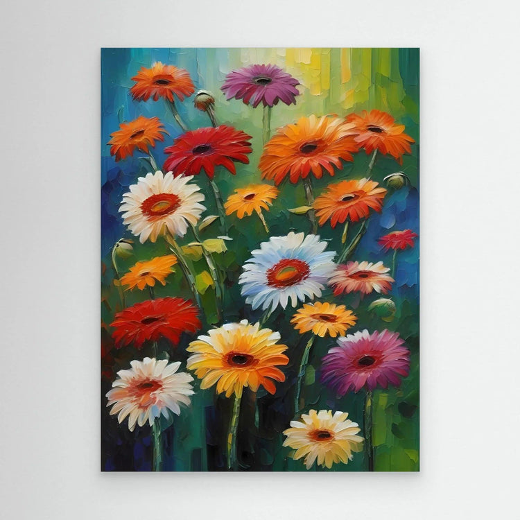 Framed textured gerbera floral art with multicolor blossoms