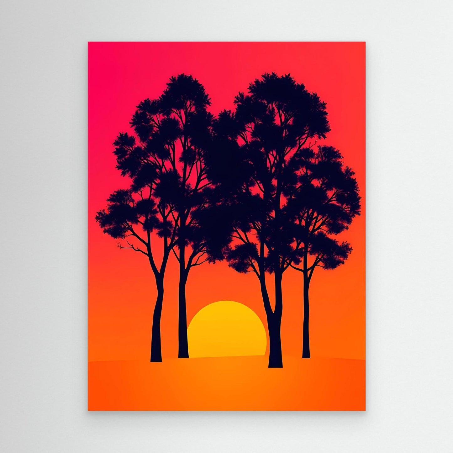 Tree silhouette wall art print with red-orange background and yellow sun, no visible frame