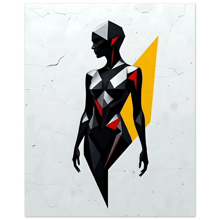 Low-poly geometric wall art print of a female silhouette in black, gray, red, and yellow