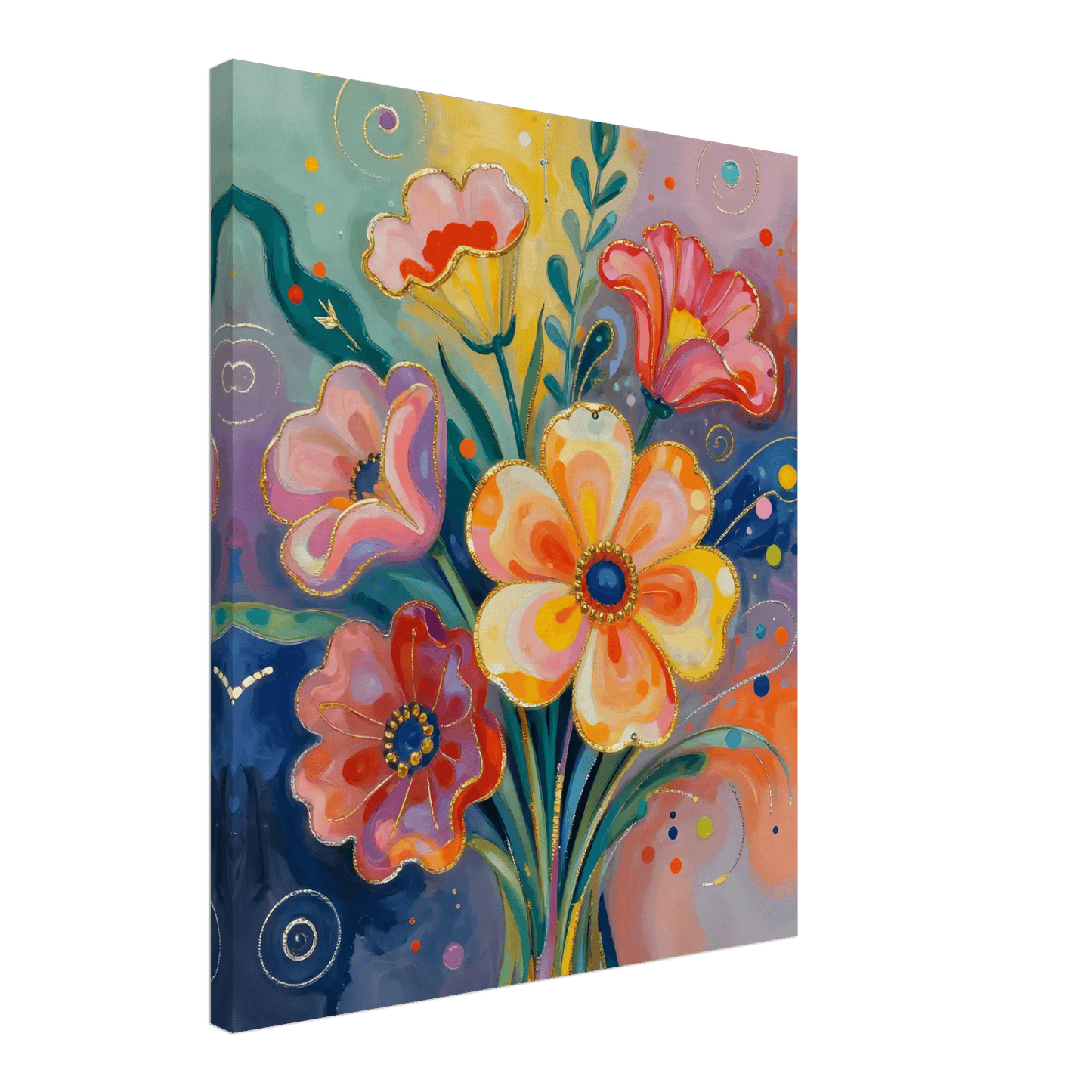 Abstract floral canvas wall art with a central cream flower and red and pink surrounding petals