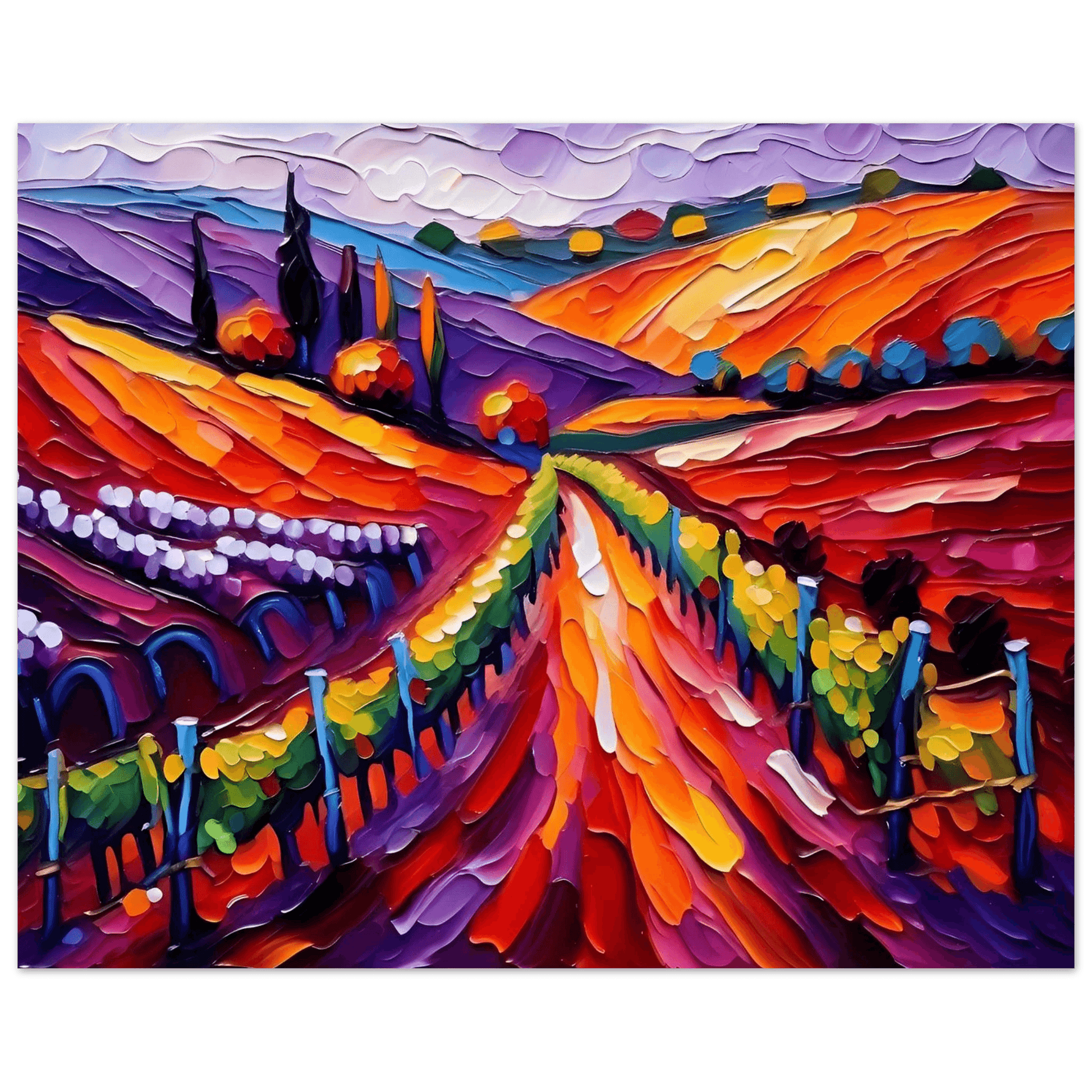 Framed textured vineyard landscape painting with rolling purple hills, orange glow, and grapevine clusters