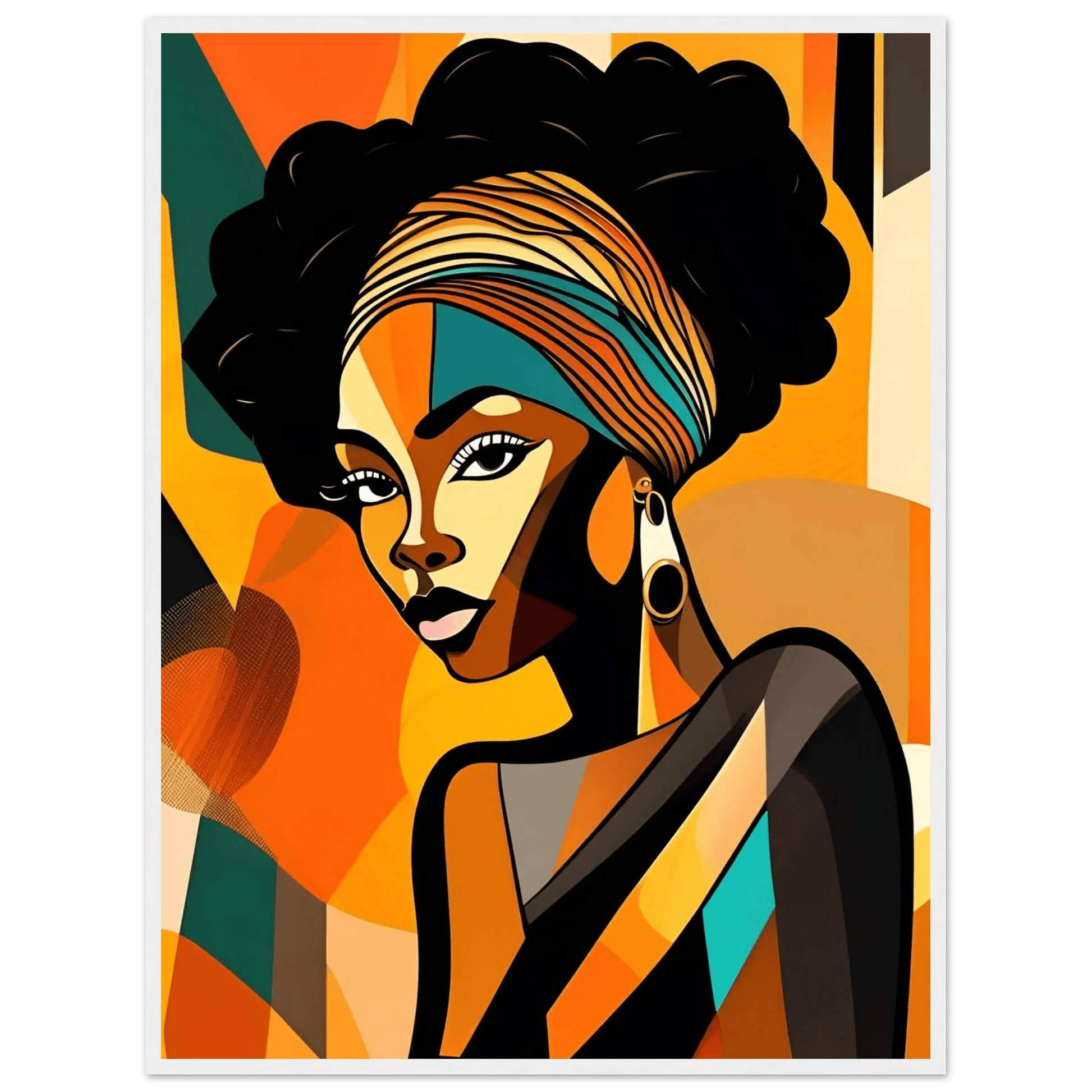 Framed portrait wall art: woman with colorful headwrap, geometric pattern, white frame