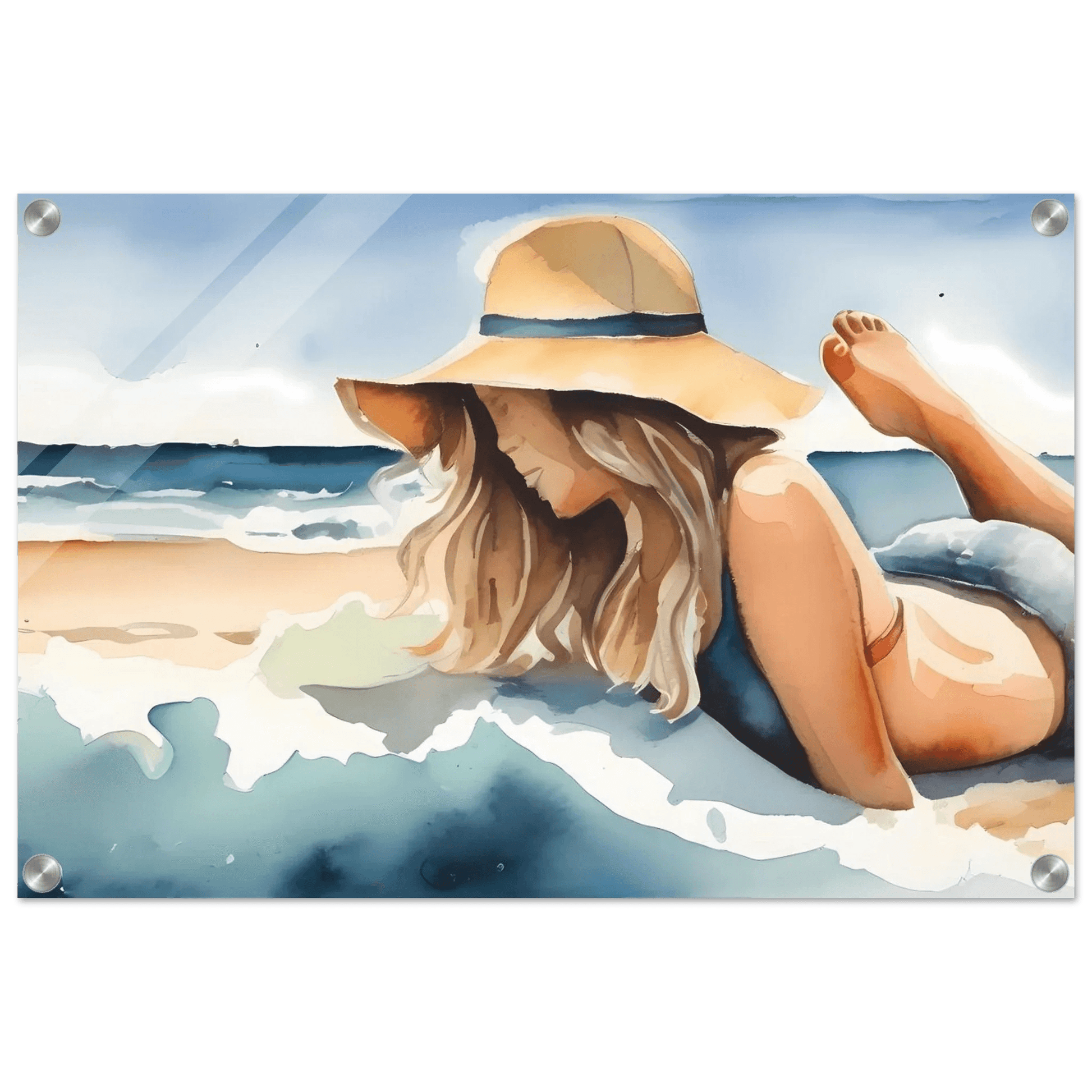 Acrylic beach scene print with woman in wide-brim hat, silver corner hardware