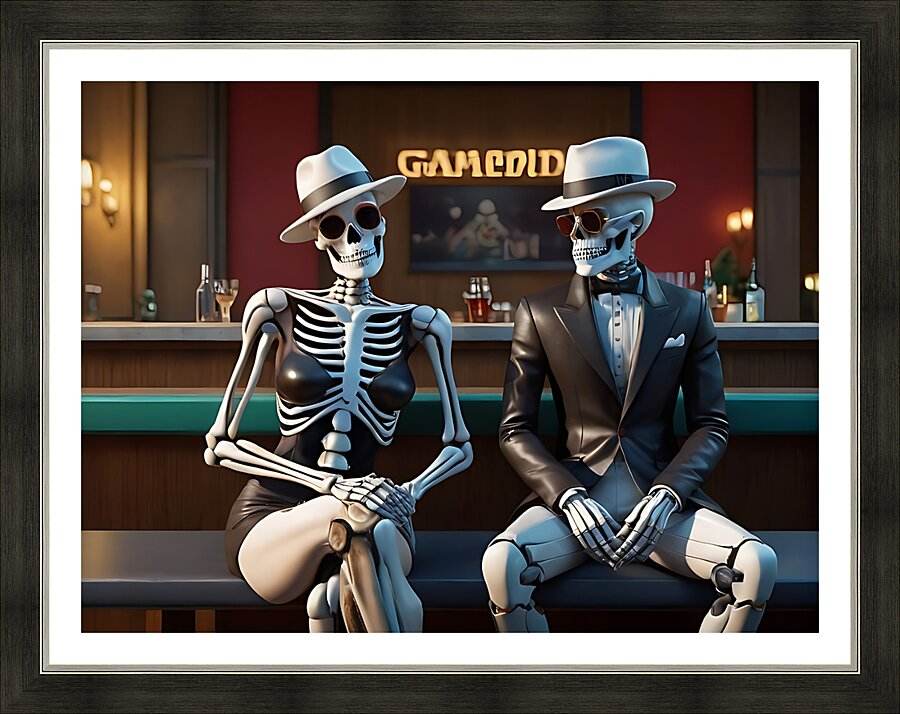 Framed skeleton duo wall art: two seated skull figures in blue hats, one in dark suit.