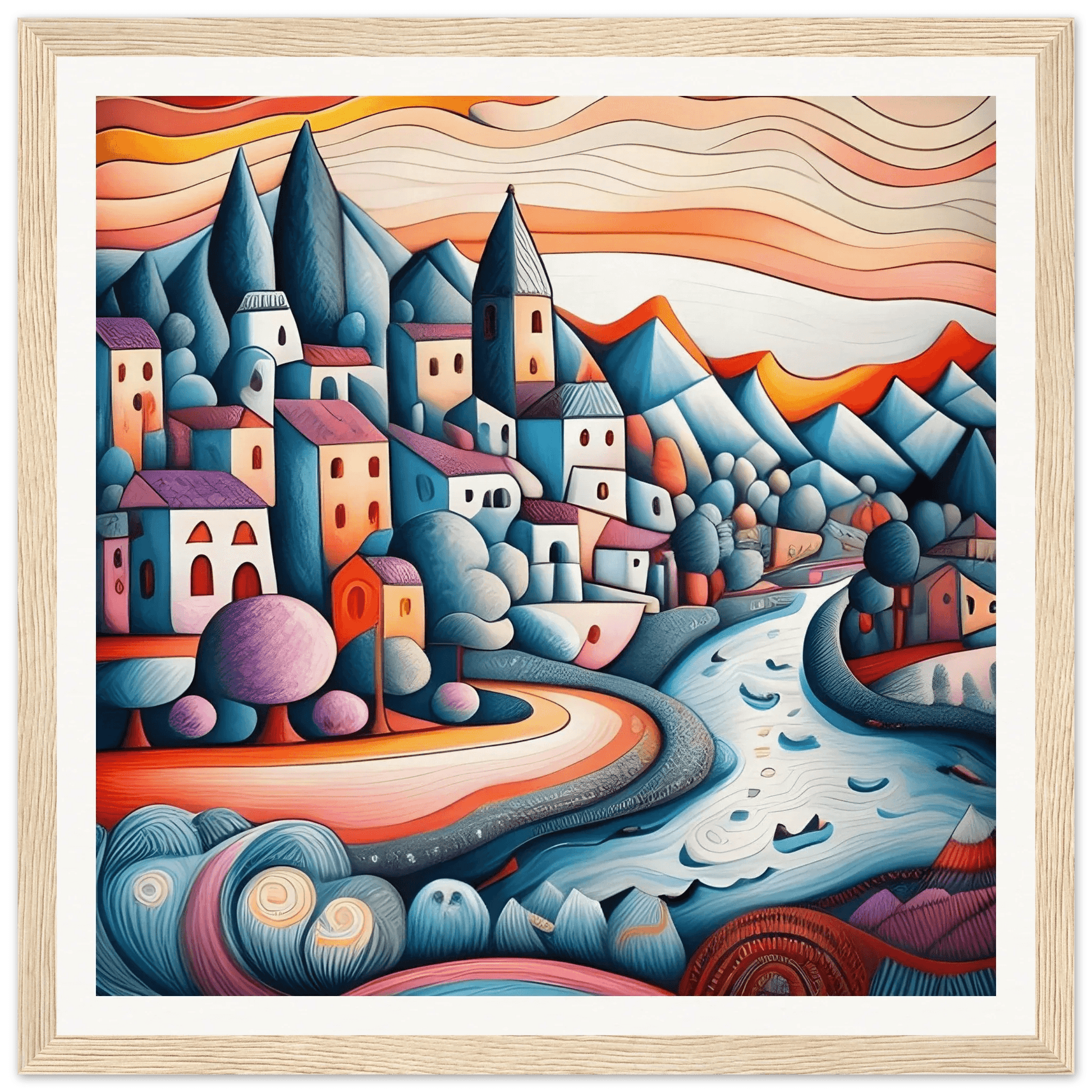 Wall art print with light wood frame, stylized houses and hills by a flowing river