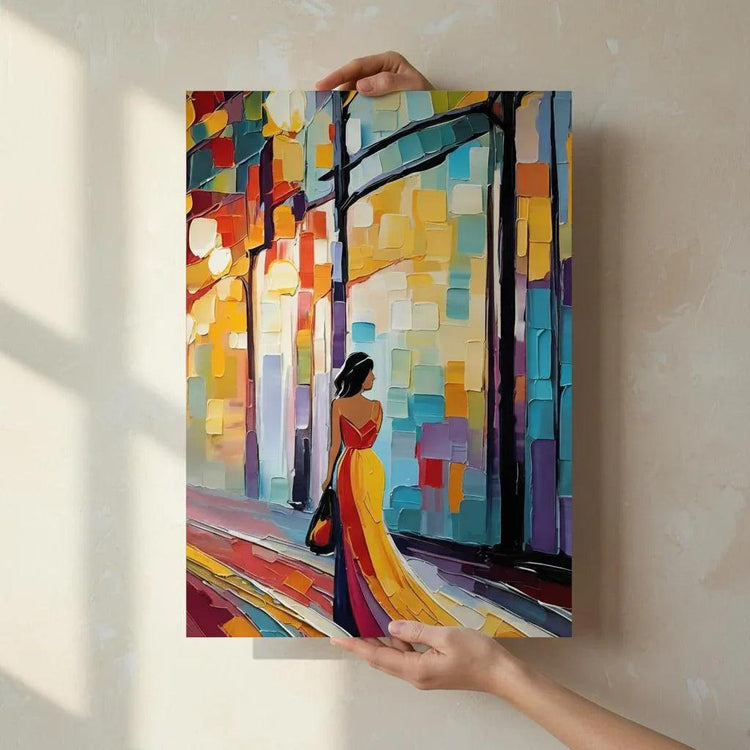 Framed portrait artwork held up, featuring a woman in red and yellow dress in city arches