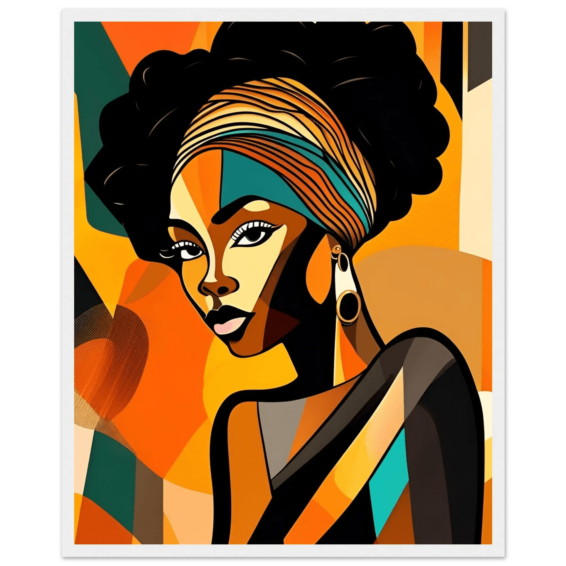 African beauty portrait print with white frame border and colorful striped headwrap