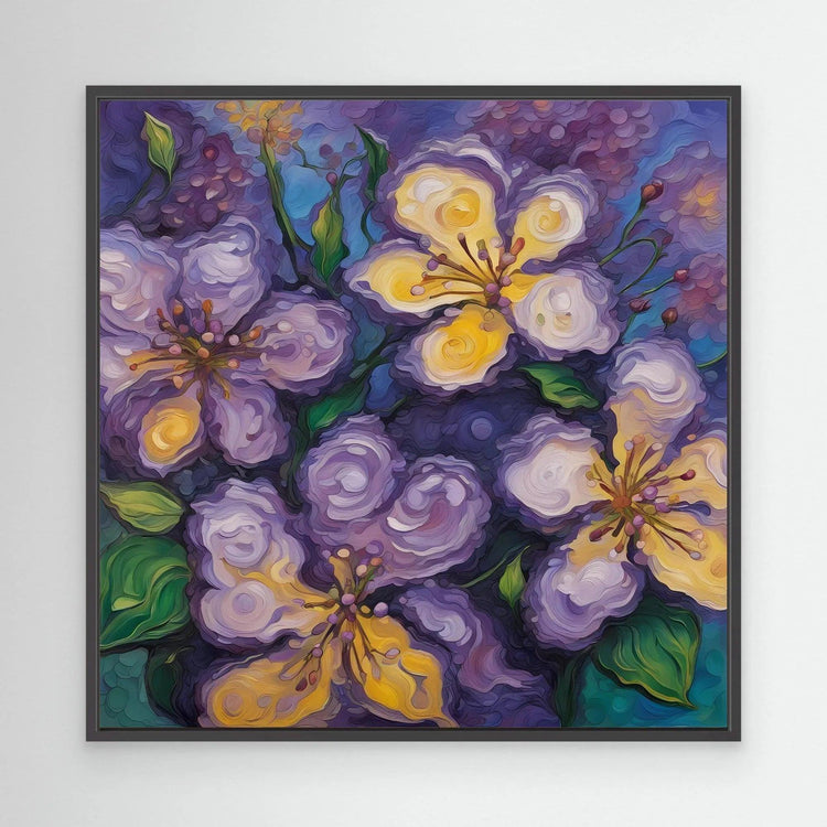 Black-framed lilac floral wall art with purple blossoms, green leaves, and yellow centers.