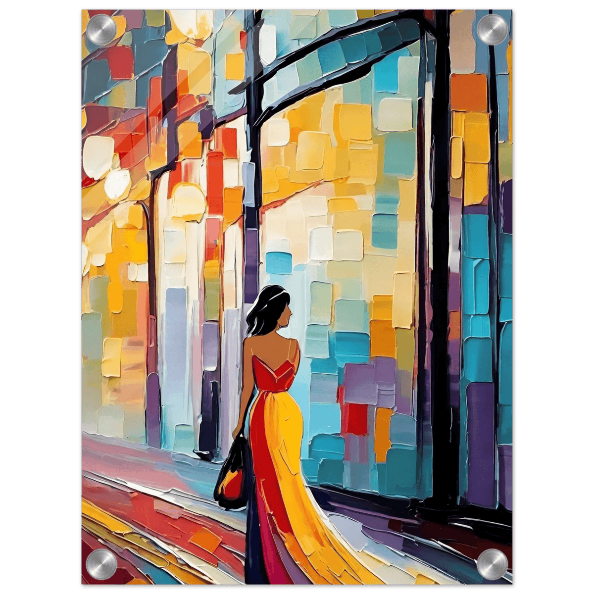 Colorful city figurative wall art with woman in red top and yellow dress facing right