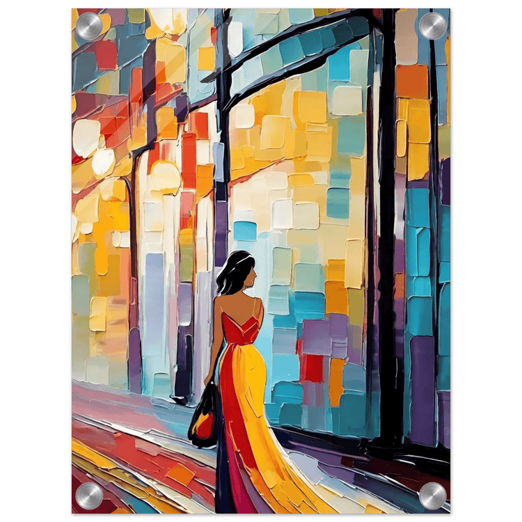 Colorful city figurative wall art with woman in red top and yellow dress facing right