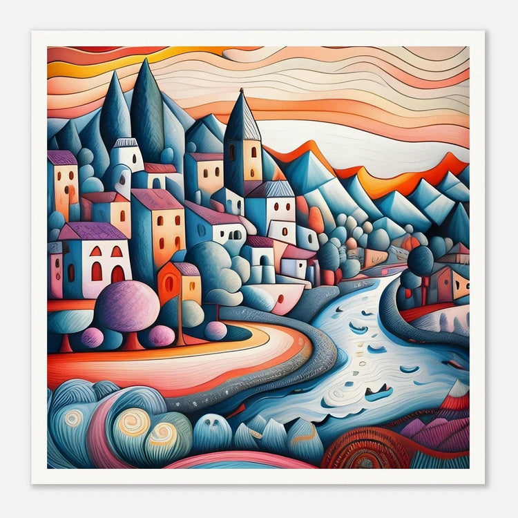 White-matted 3D cityscape wall art with colorful buildings, hills, and winding river