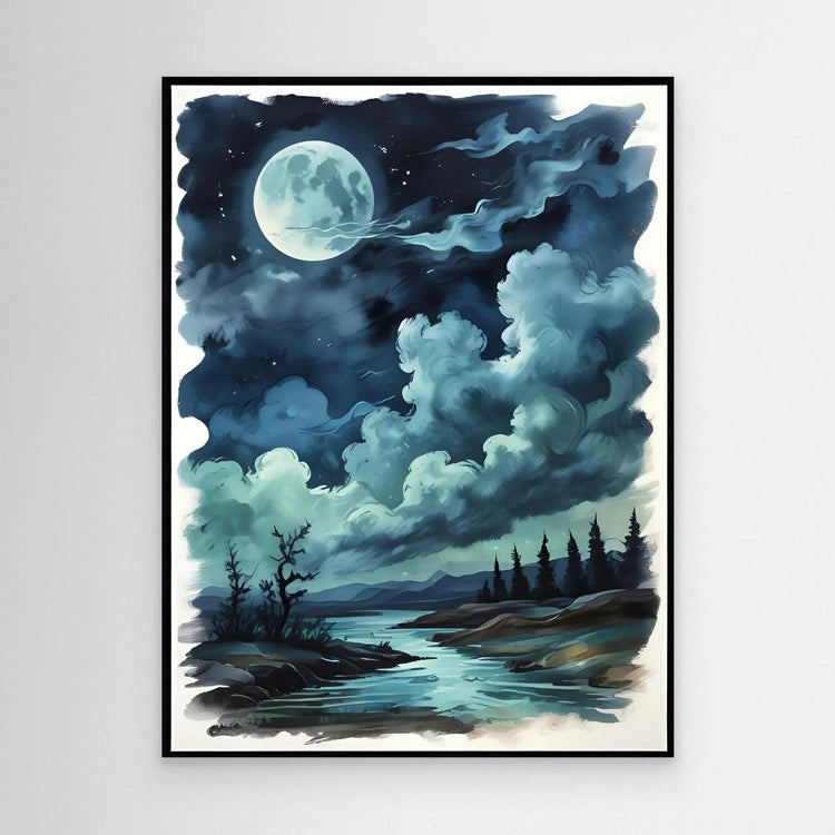 Framed wall art print with blue night sky, full moon, clouds, and calm river.