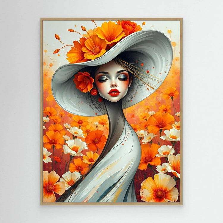 Oak-framed floral portrait of a woman in a light blue dress with an orange flower headpiece