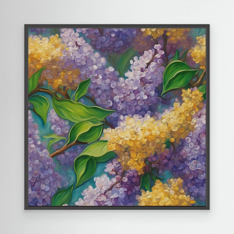 Framed floral wall art painting with lilac blossoms, yellow clusters, and green leaves
