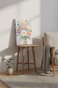 Pastel floral bouquet canvas print with pastel blooms and leafy stems in a vase