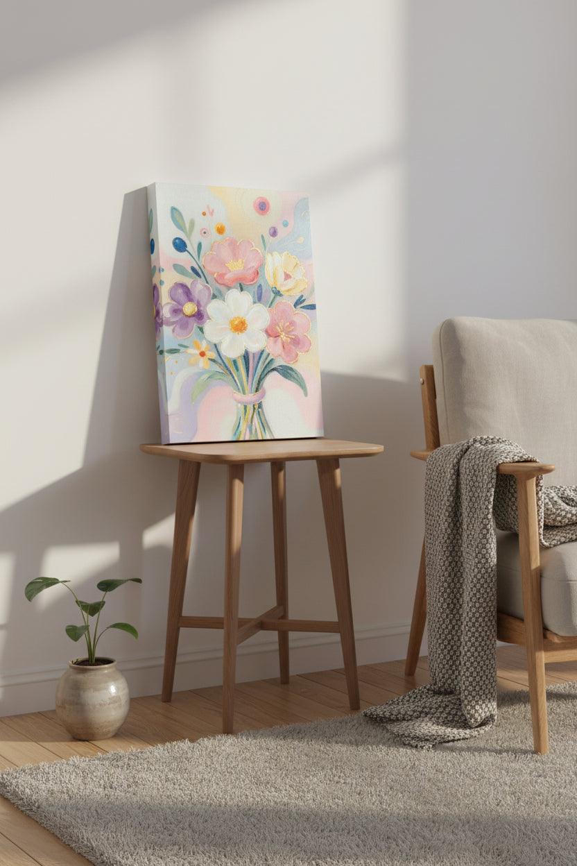 Pastel floral bouquet canvas print with pastel blooms and leafy stems in a vase