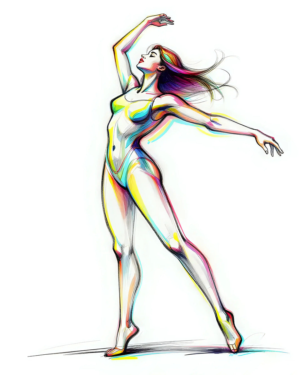 Colorful ballerina wall art print, full-body dancer with rainbow highlights