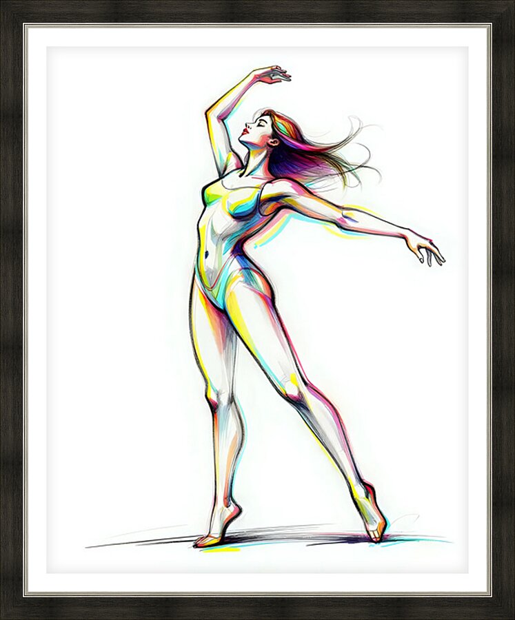 Black framed colorful ballerina print, dancer in arabesque pose with raised arm