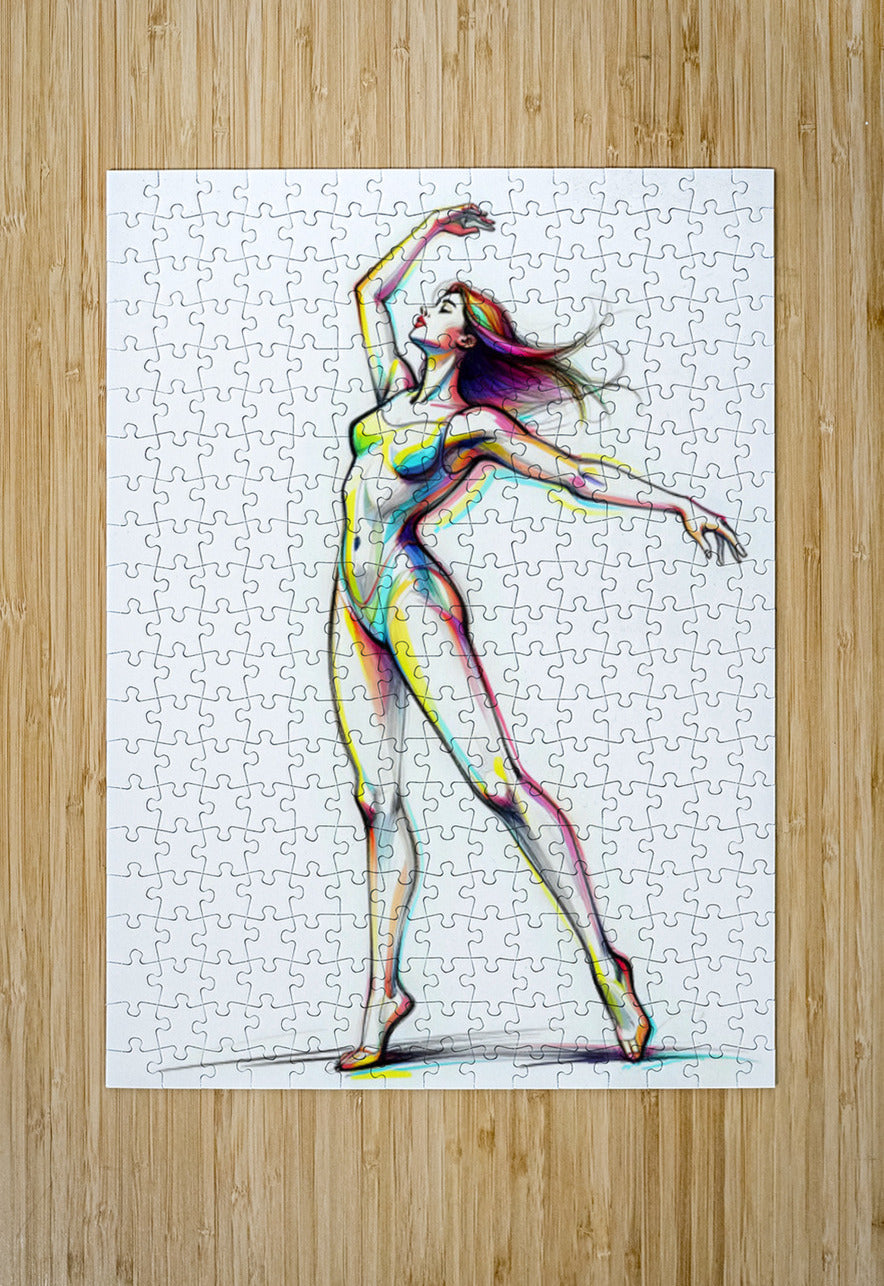 Jigsaw puzzle artwork featuring colorful ballerina, full-body figure in motion