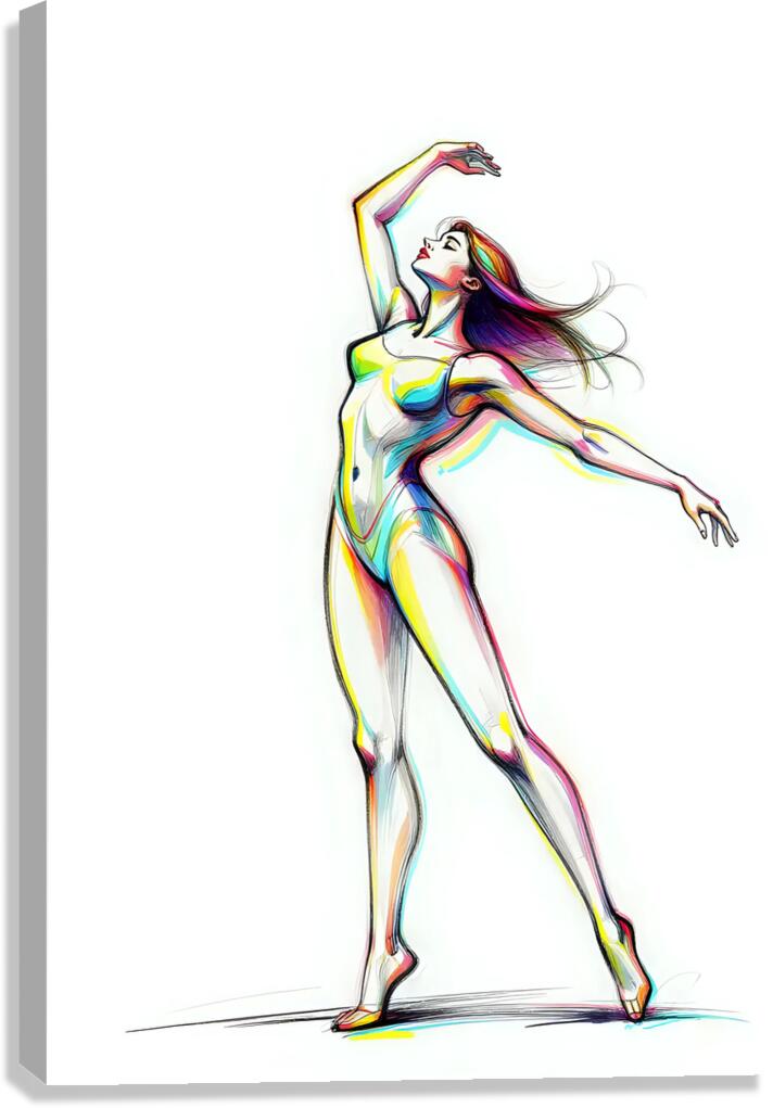 Colorful ballerina art print with dancer raising arms, outlined in multicolor