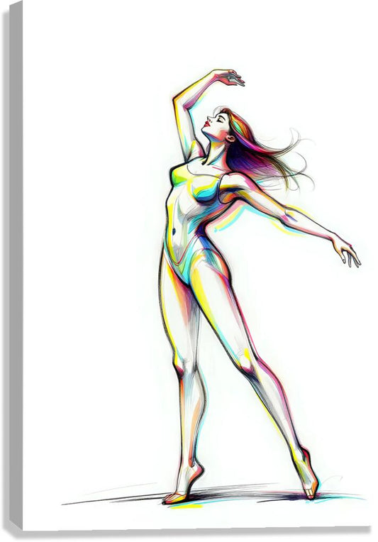Colorful ballerina art print with dancer raising arms, outlined in multicolor