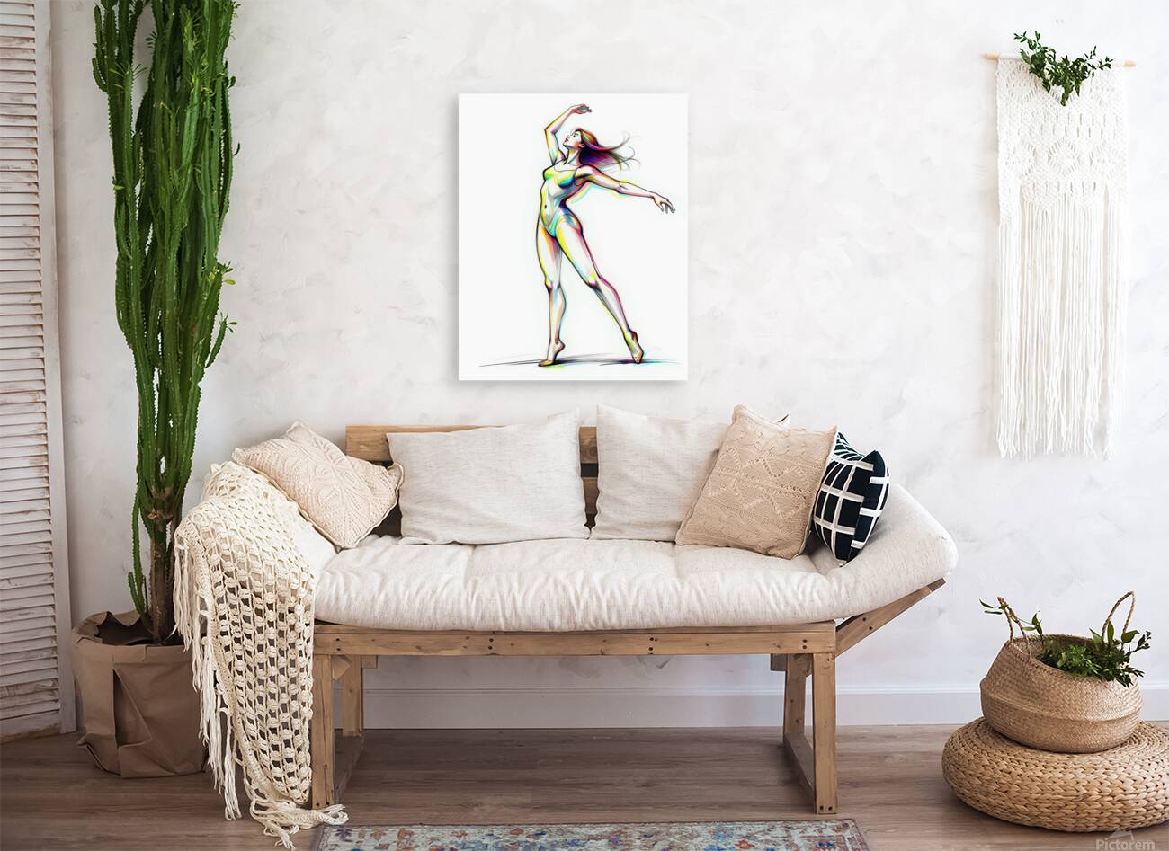 Framed colorful ballerina wall art print above couch, dancer in multicolor