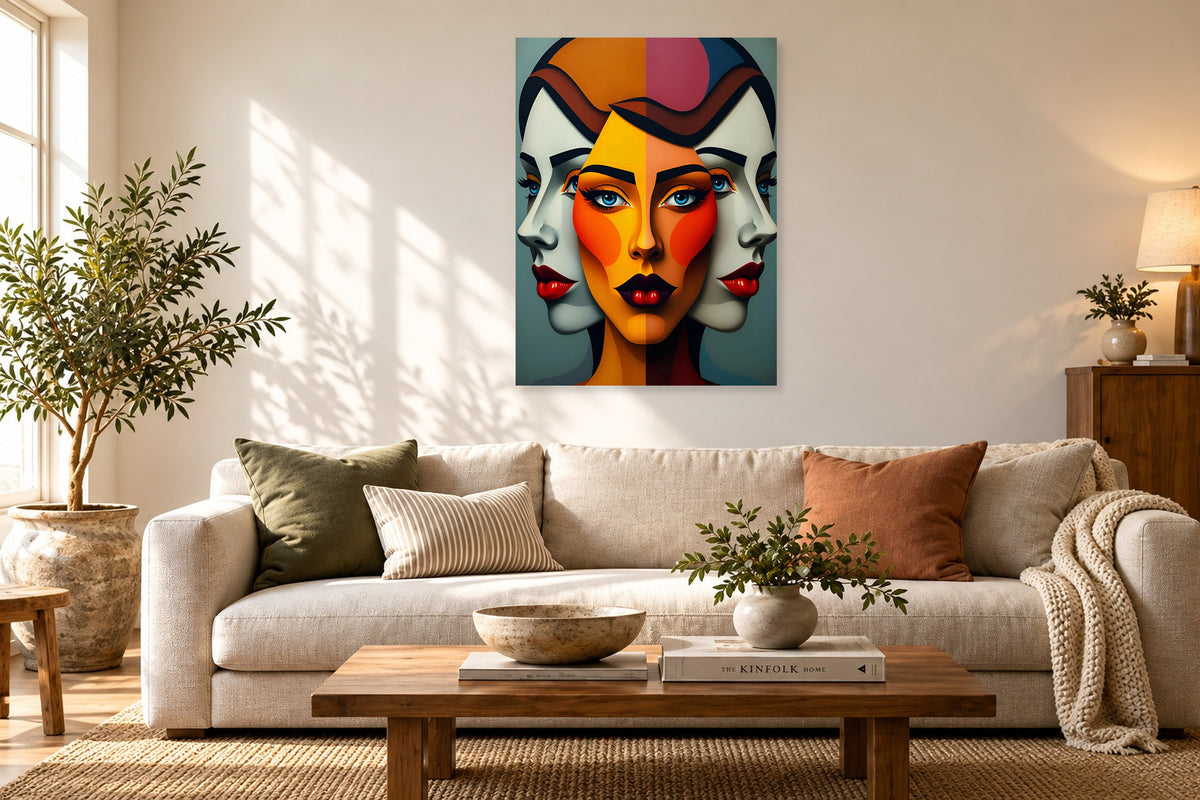 Geometric portrait faces panel print with bold orange, blue, and red faces