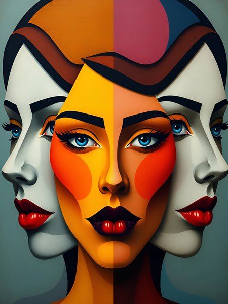 Close-up geometric portrait faces panel print, orange and teal with red lips