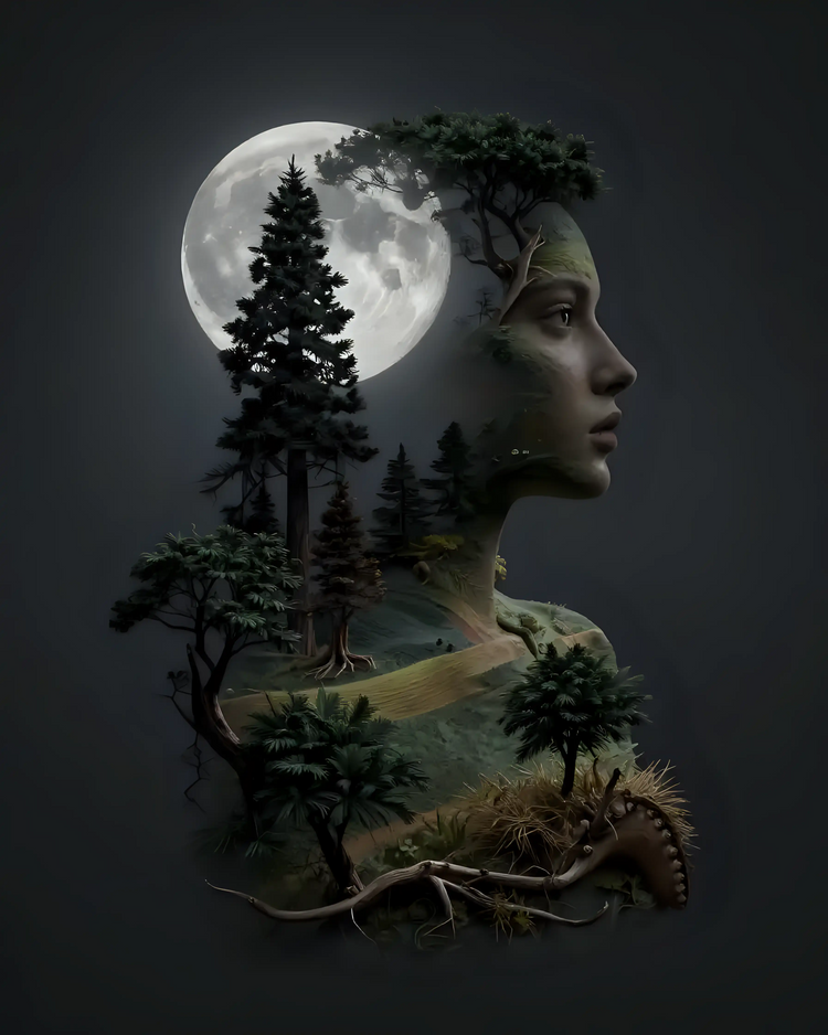 Surreal moonlit forest profile artwork with moon, trees, and nature elements