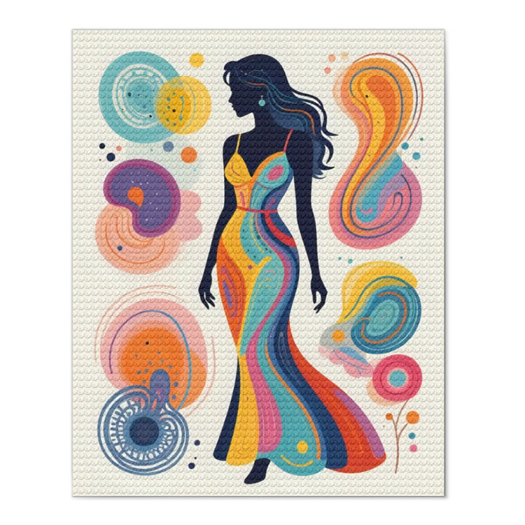 Square diamond painting canvas with colorful woman silhouette and abstract swirl shapes