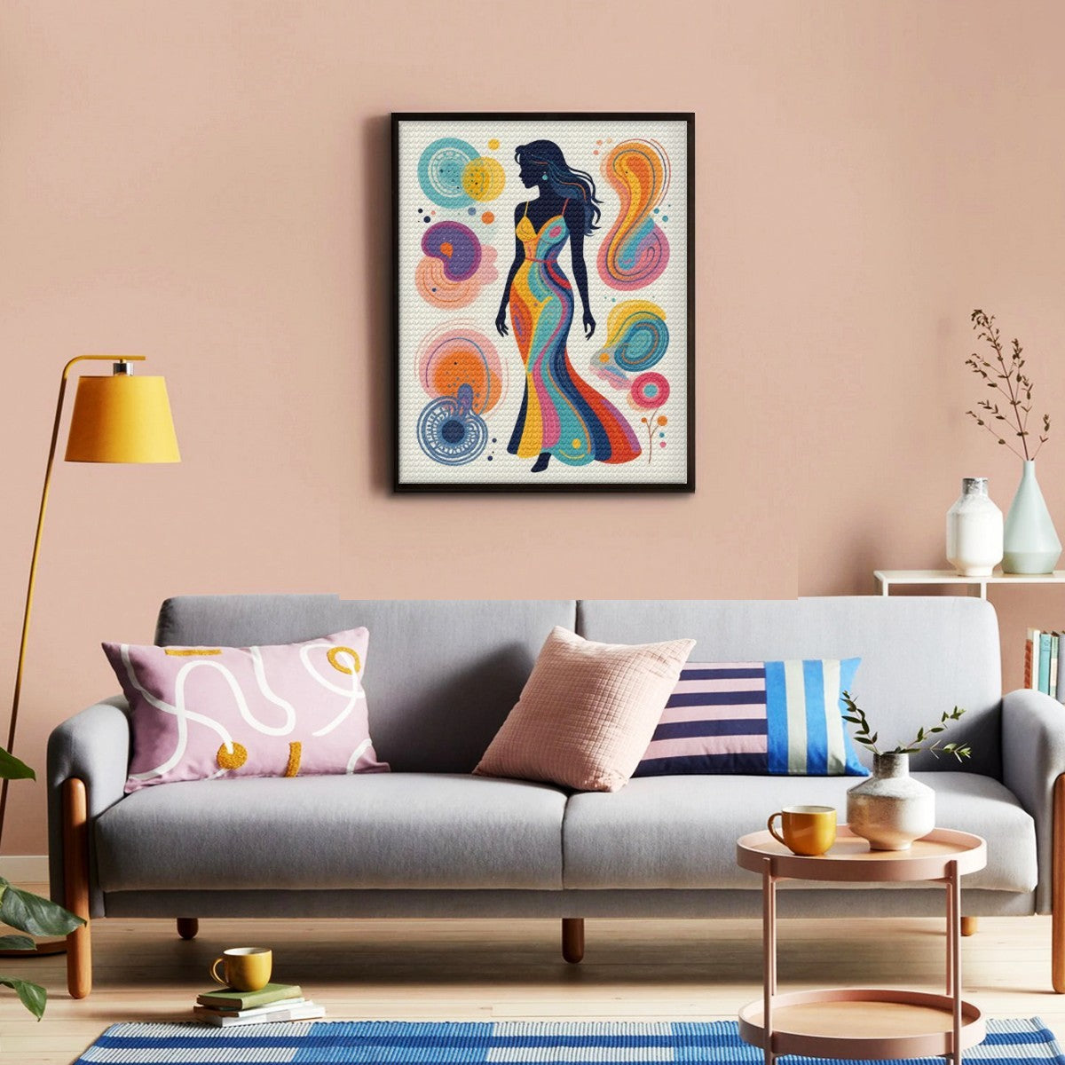Framed square diamond painting canvas with colorful woman silhouette and swirling abstract forms