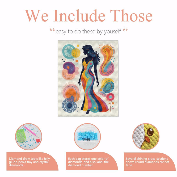 Diamond painting instruction graphic with small silhouette canvas and tool icons