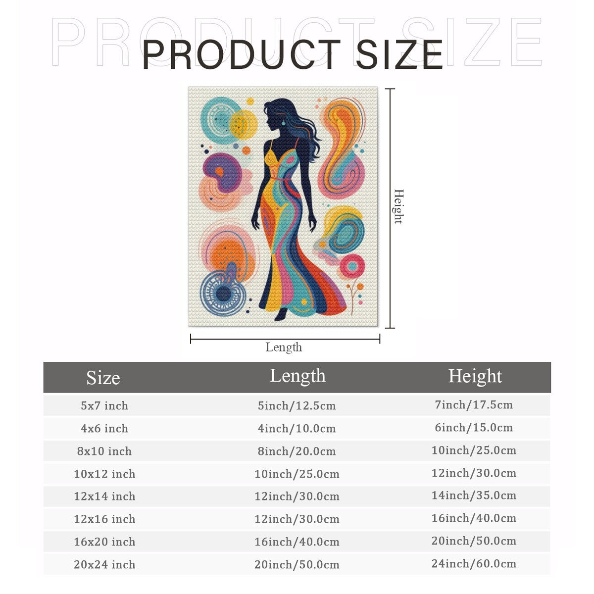 Diamond painting product size chart with colorful silhouette canvas and height/length labels