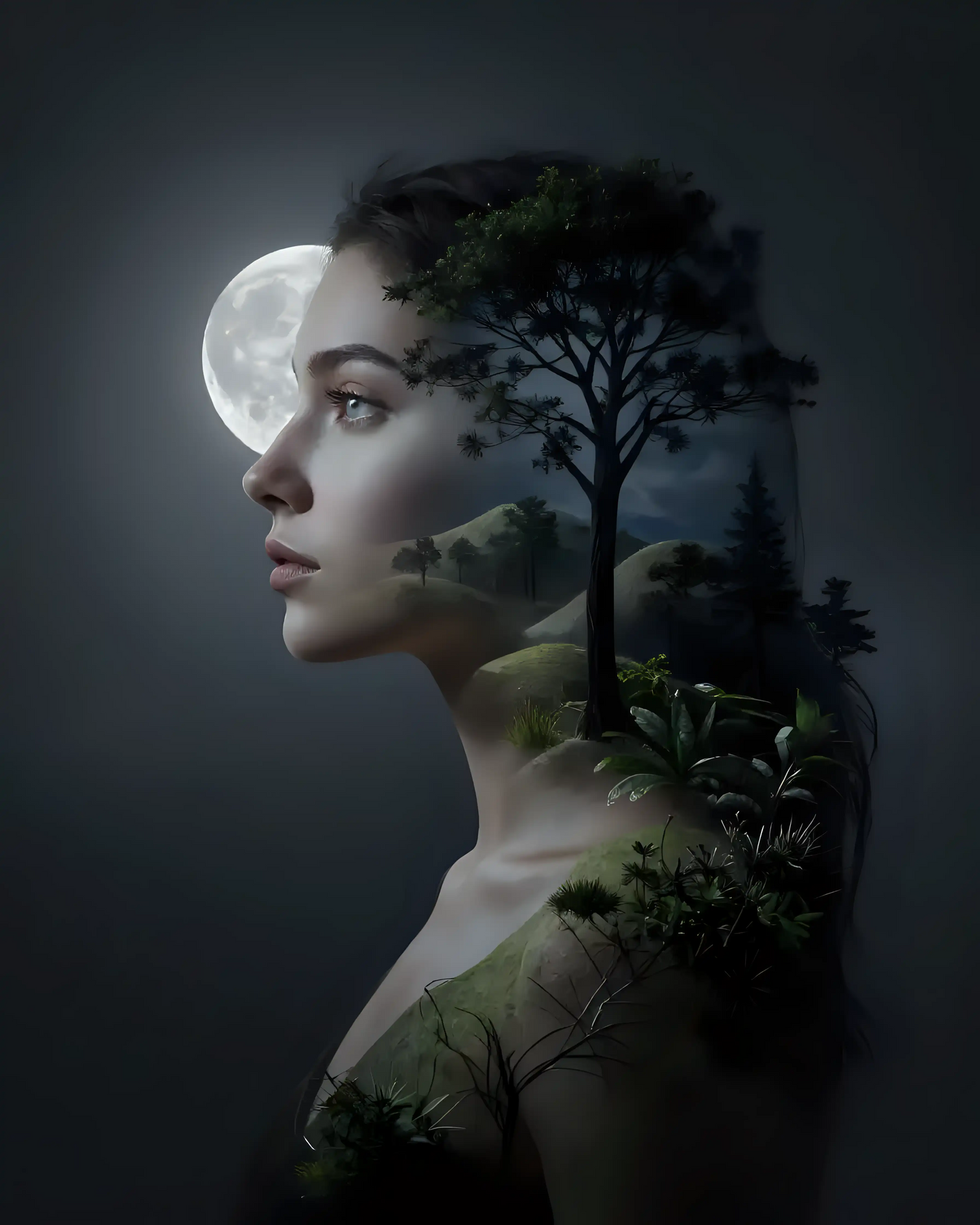 Woman's Silhouette with Moon and Nature