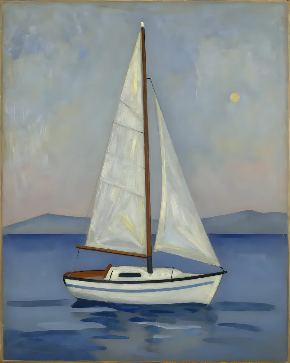 Sailboat wall art canvas featuring a white sailboat over blue rippling water