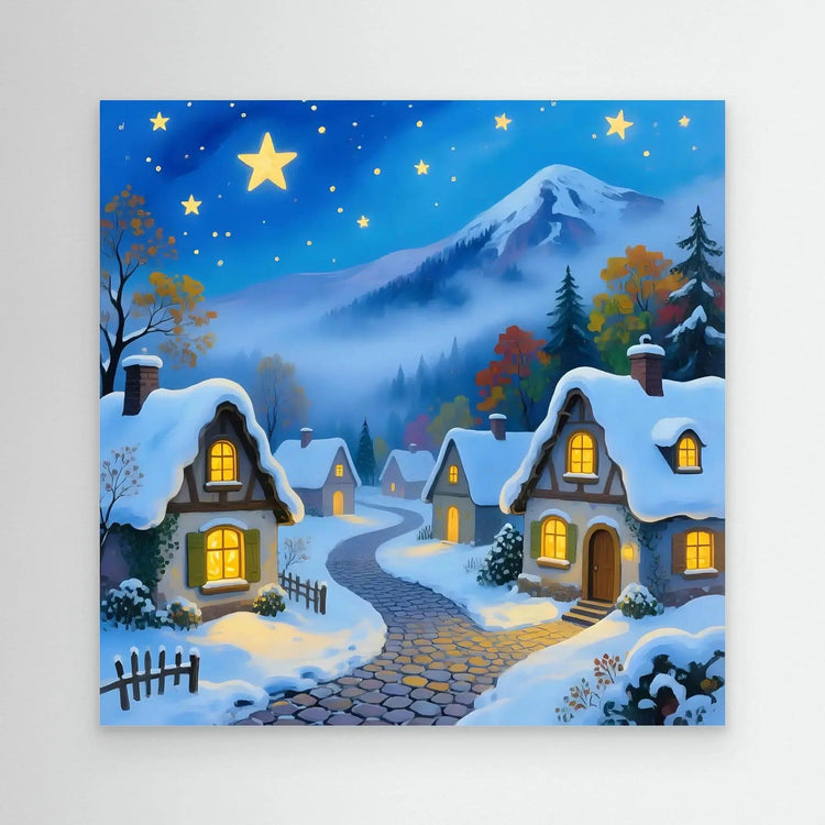 Snow village wall art with snowy cottages and starry night sky