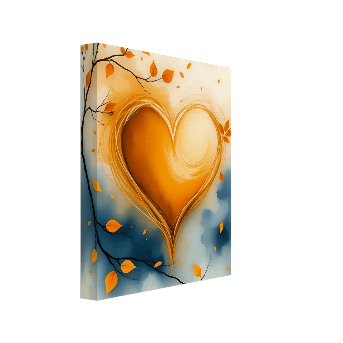 Canvas gallery wrap watercolor heart art with orange glow, cream swirl, and autumn leaves overhead.