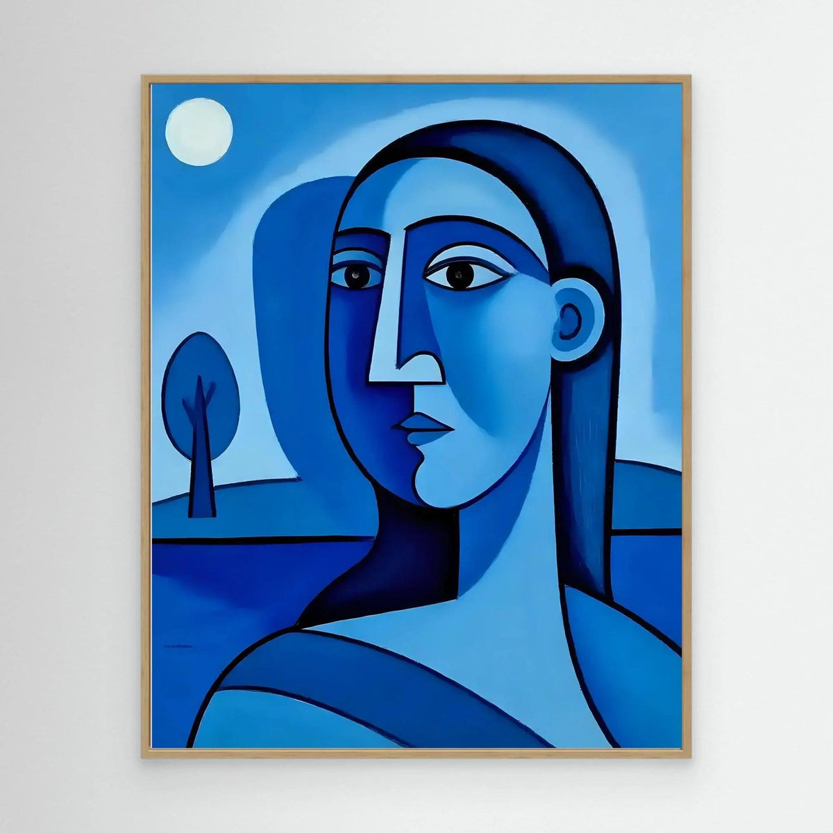 Abstract blue portrait wall art with light wood frame, featuring a stylized woman profile.