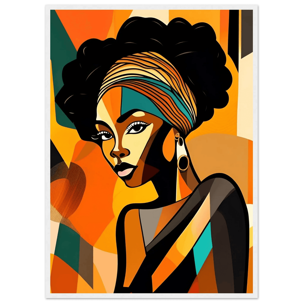 Framed portrait print of a woman with colorful headwrap and hoop earrings, silver frame.