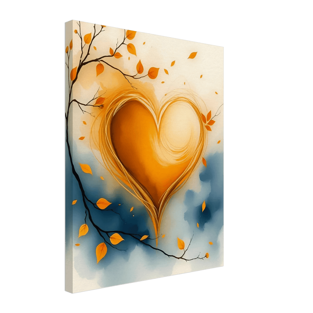 Canvas gallery wrap watercolor heart art with orange and cream tones, surrounded by falling leaves.
