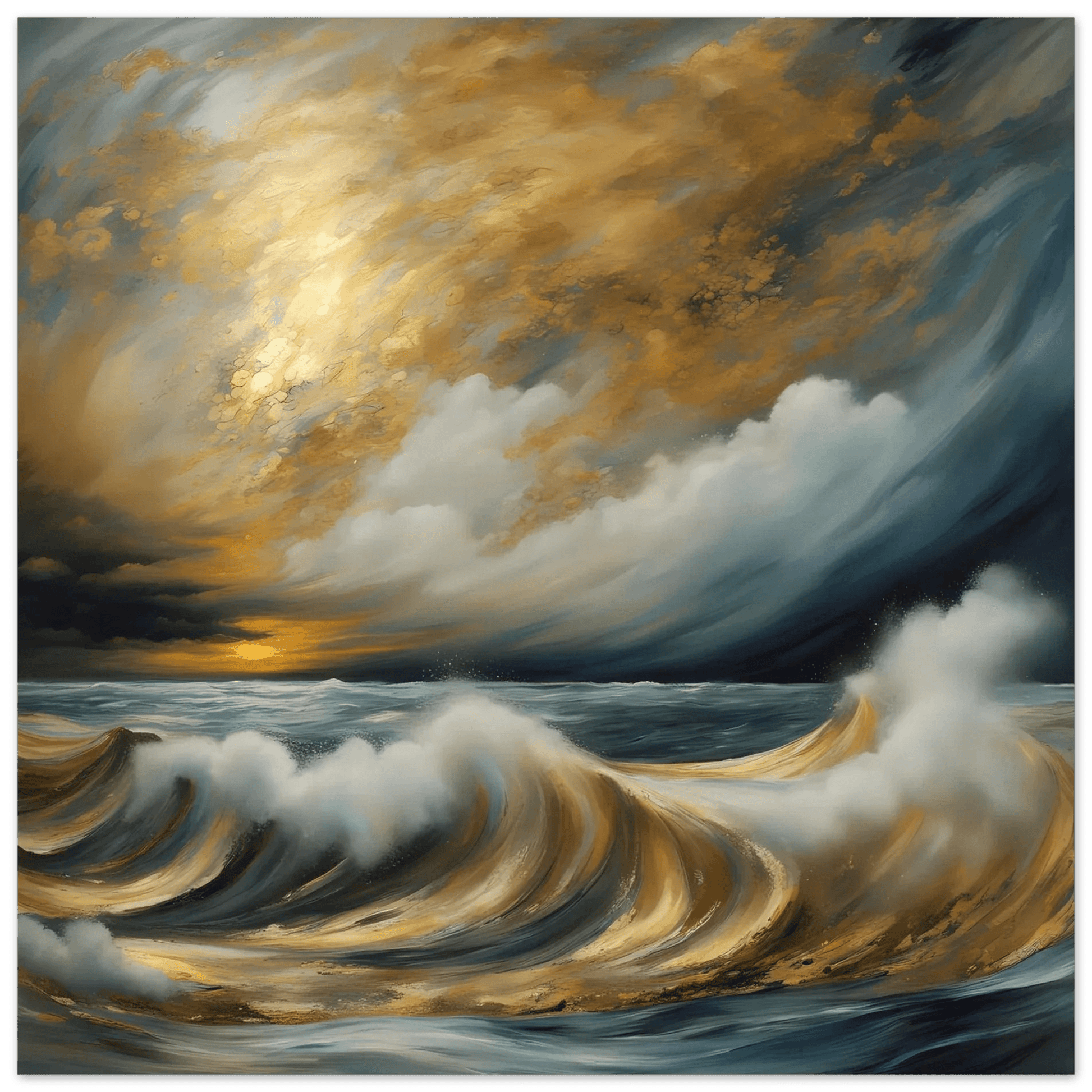 Stormy ocean waves poster with dark storm clouds and gold-toned breaking wave