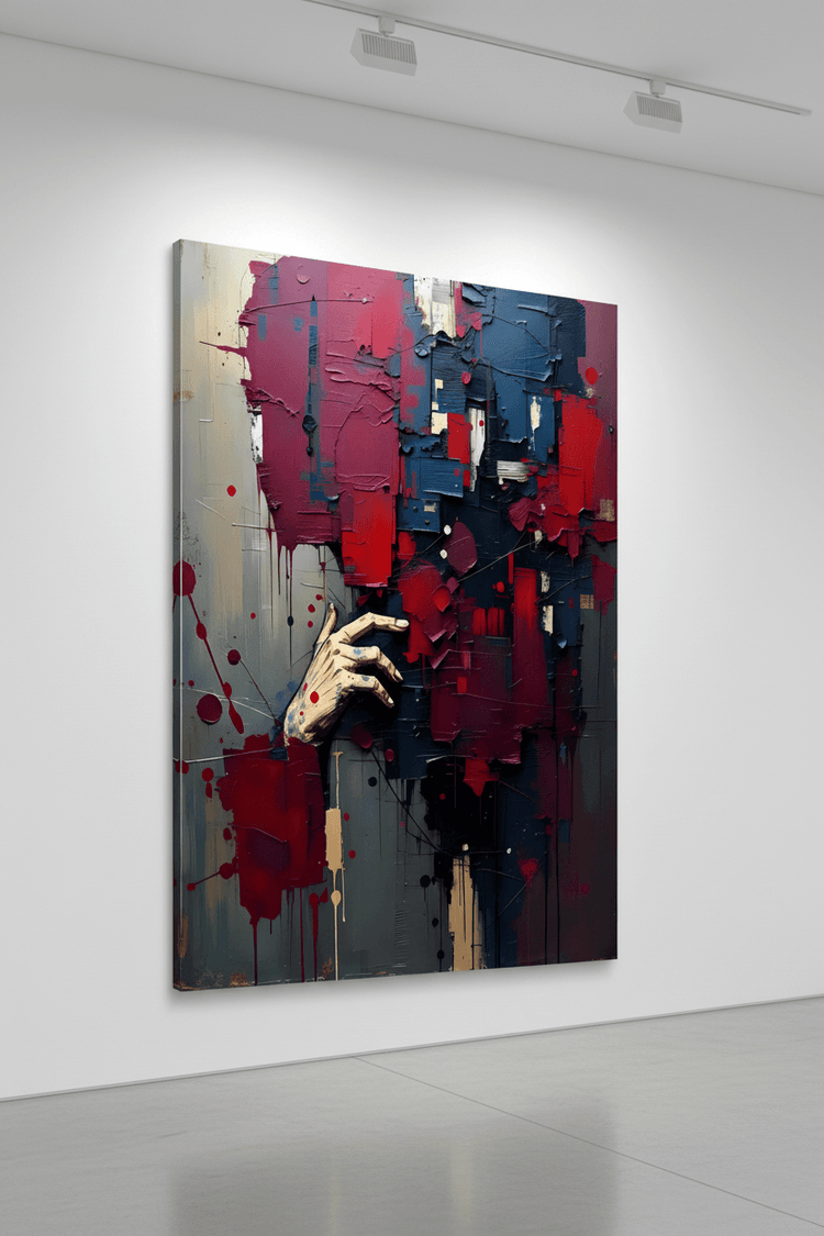 Stretched canvas abstract hand with red, blue, and magenta paint splatter