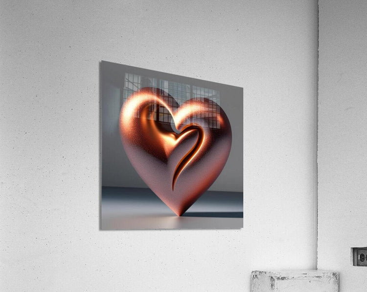 Copper rose gold sculptural heart wall art print on gray canvas panel