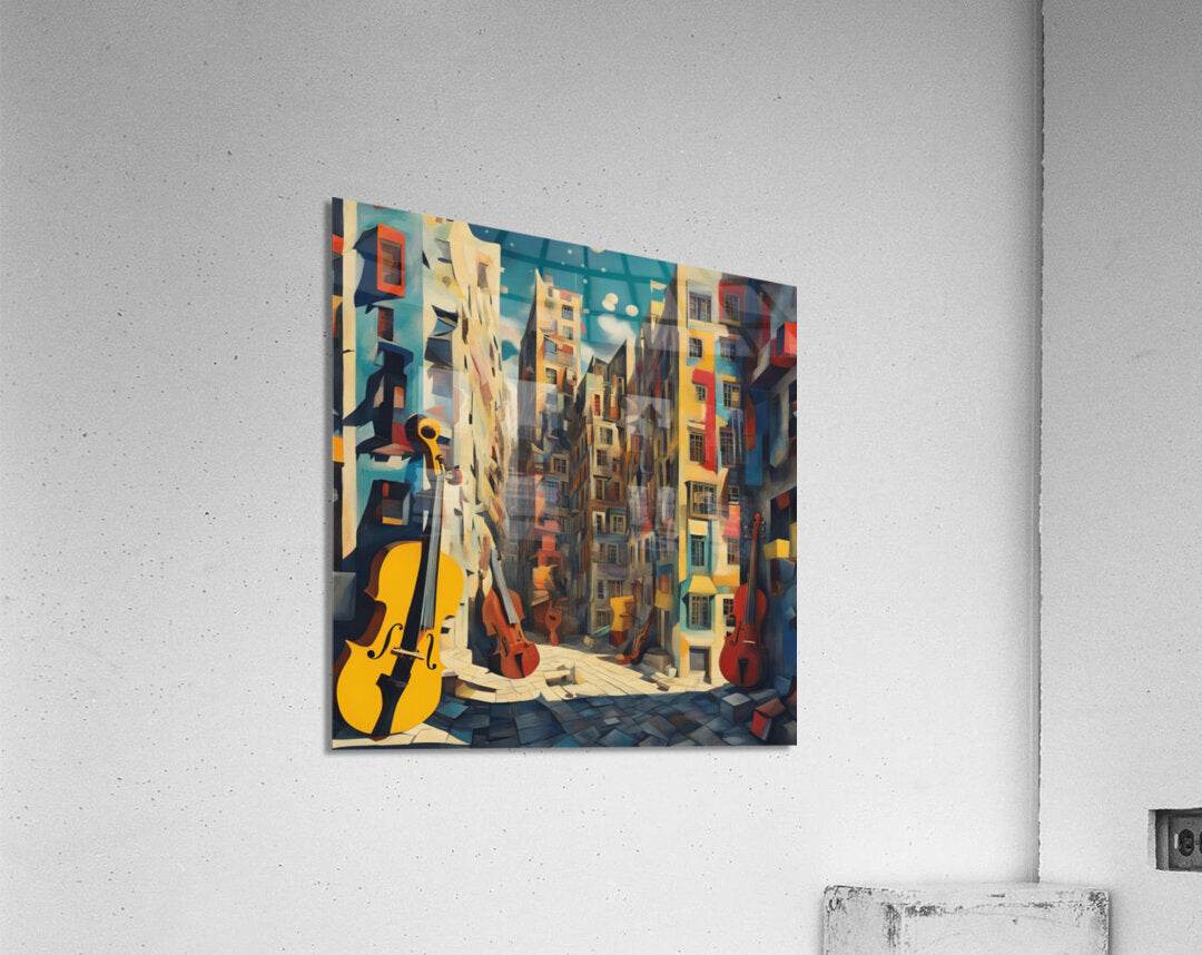 Unframed musical cityscape wall art print with yellow bass and red cellos and tall buildings