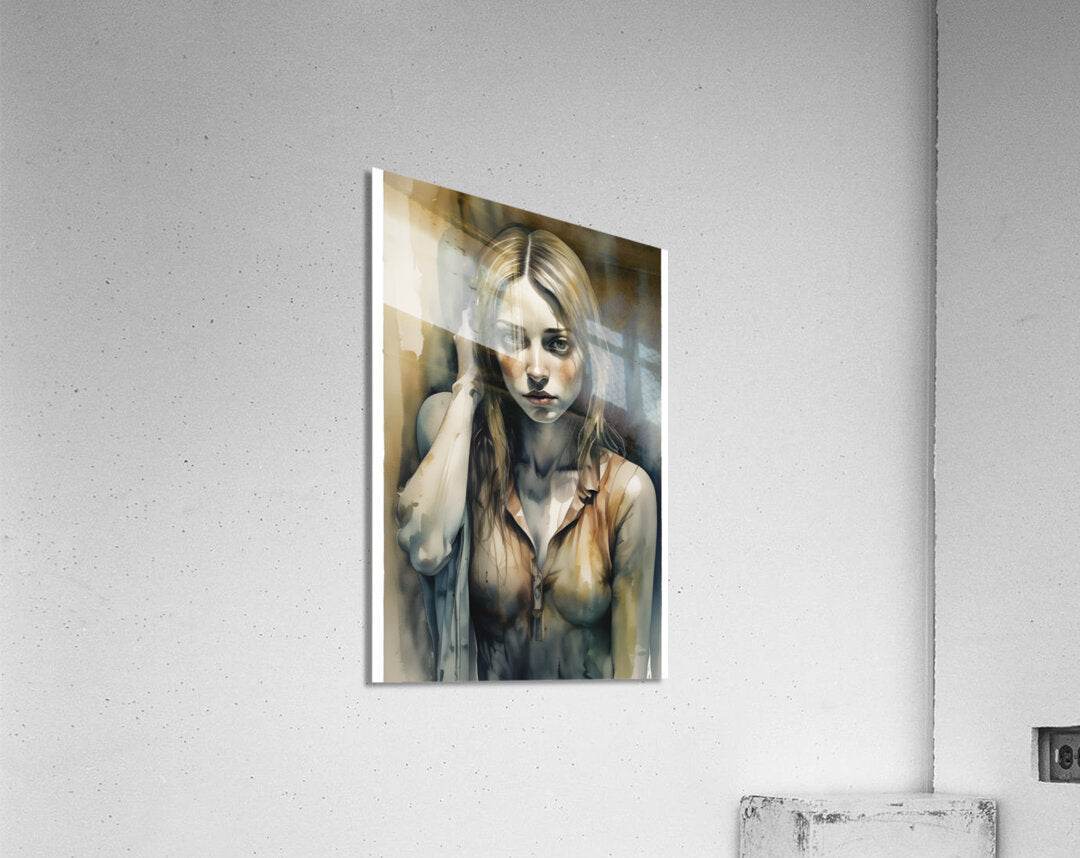 Canvas-like watercolor portrait print of a blonde woman, hand near hair, soft blue and tan.