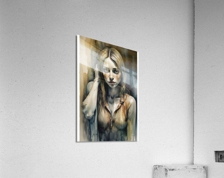 Canvas-like watercolor portrait print of a blonde woman, hand near hair, soft blue and tan.
